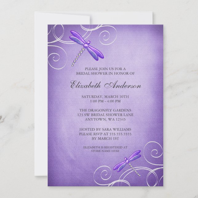 Purple Dragonfly Swirls Bridal Shower Invitation (Front)