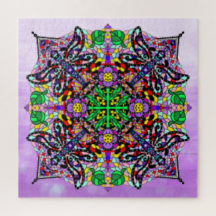 Purple Dragonfly Themed Mandala Colourful Jigsaw Puzzle