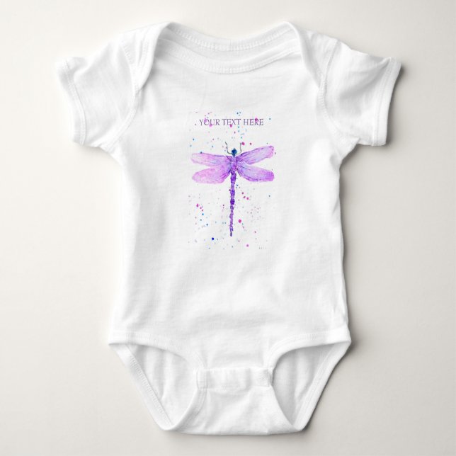 Purple dragonfly watercolor girly cute baby bodysuit (Front)