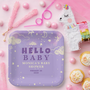 Purple Dream Baby Shower Hello Baby Paper Plate