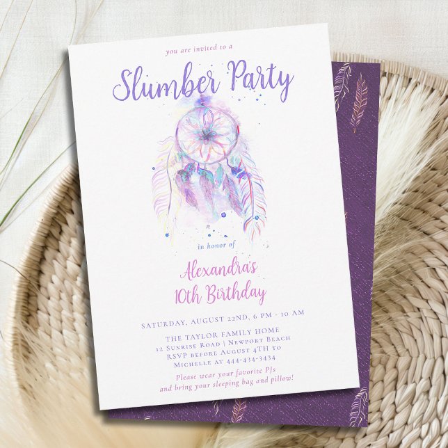 Purple Dream Catcher Slumber Party Girls Birthday Invitation (girls slumber party invitation birthday pj sleep over dream catcher pink purple watercolor feathers )