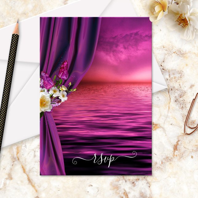 Purple Dream Ocean Butterfly Wedding RSVP Card (Wedding RSVP card featuring a fine art painting of a purple ocean with roses and butterflies)