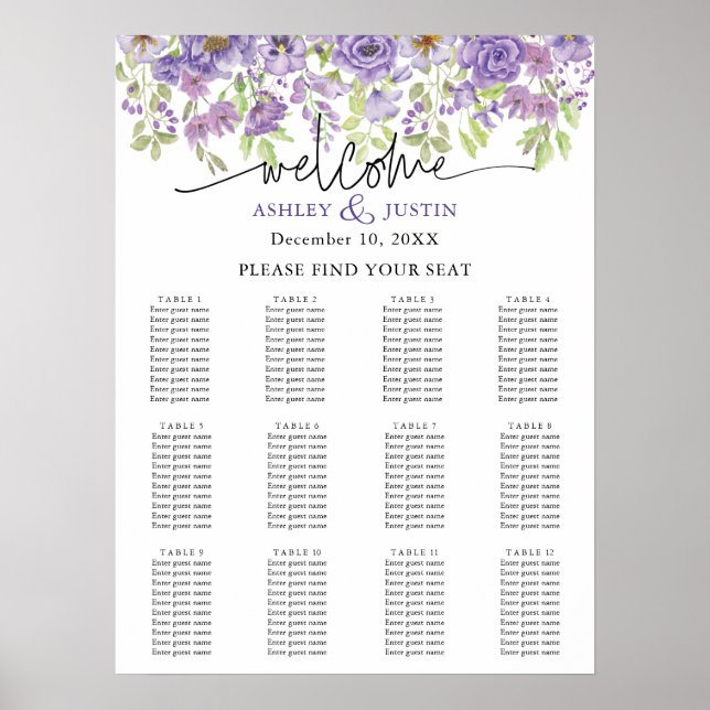 Purple dreams stylish florals Seating Chart (Front)