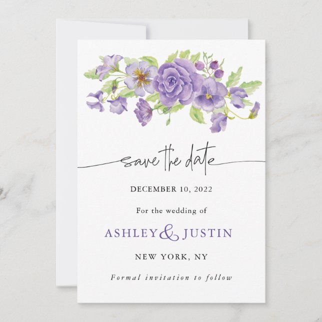 Purple dreams stylish wedding florals save the date (Front)