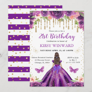 Purple Dress Brunette Haired Princess Birthday Invitation