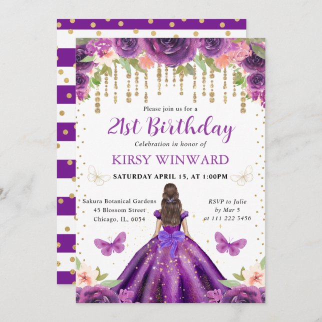 Purple Dress Brunette Haired Princess Birthday Invitation (Front/Back)