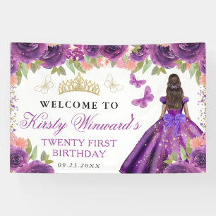 Purple Dress Dark Skin Princess Floral Birthday Banner