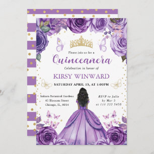 Purple Dress Dark Skin Princess Quinceanera Invitation