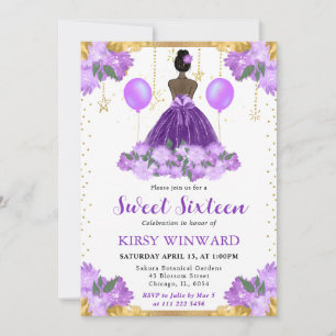 Purple Dress Dark Skin Princess Sweet 16 Invitation