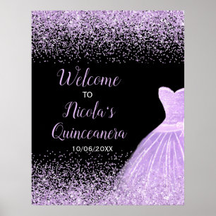Purple Dress Faux Glitter Quinceanera Welcome Poster