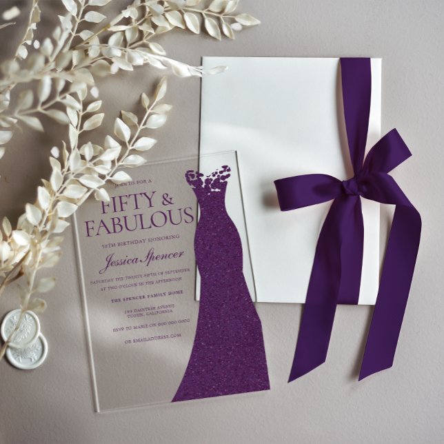 Purple Dress Fifty & Fabulous 50th Birthday Acrylic Invitations (Creator Uploaded)