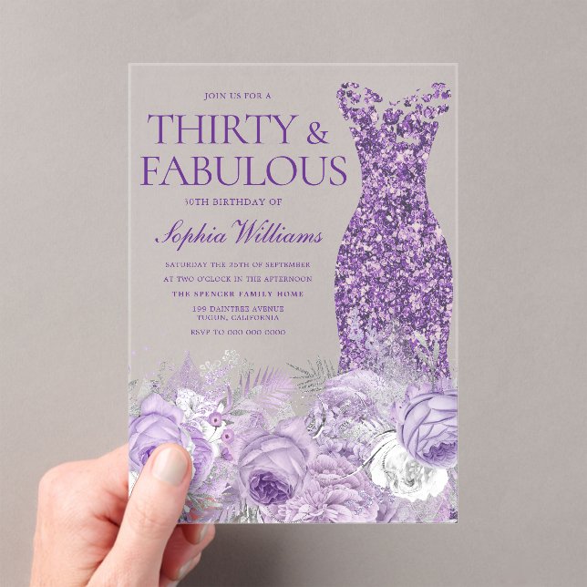 Purple Dress Floral 30 & Fabulous 30th Birthday Acrylic Invitations (Insitu (Handheld))