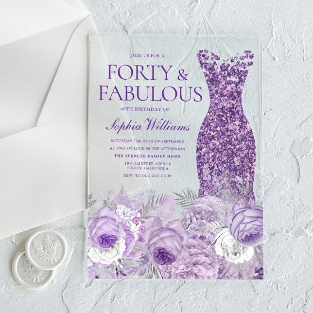 Purple Dress Floral 40 & Fabulous 40th Birthday Acrylic Invitations (Creator Uploaded)