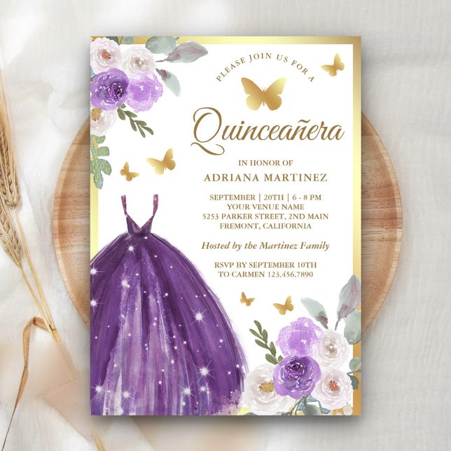 Purple Dress Floral Butterfly Gold Quinceanera Invitation (Creator Uploaded)