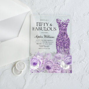 Purple Dress Floral Fifty & Fabulous 50th Birthday Acrylic Invitations