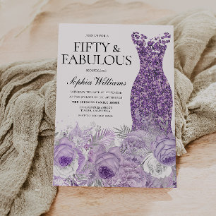 Purple Dress Floral Fifty & Fabulous 50th Birthday Invitation