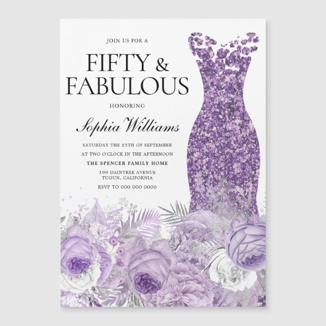Purple Dress Floral Fifty & Fabulous 50th Birthday Magnetic Invitation (Front)