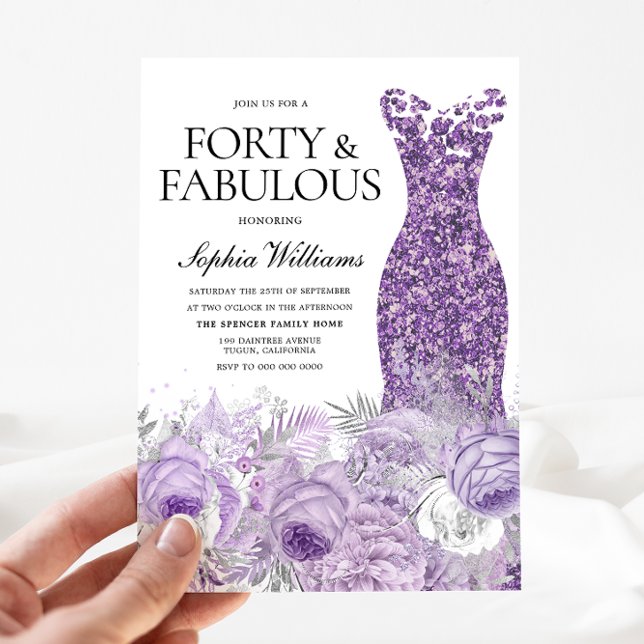 Purple Dress Floral Forty & Fabulous 40th Birthday Invitation (Creator Uploaded)