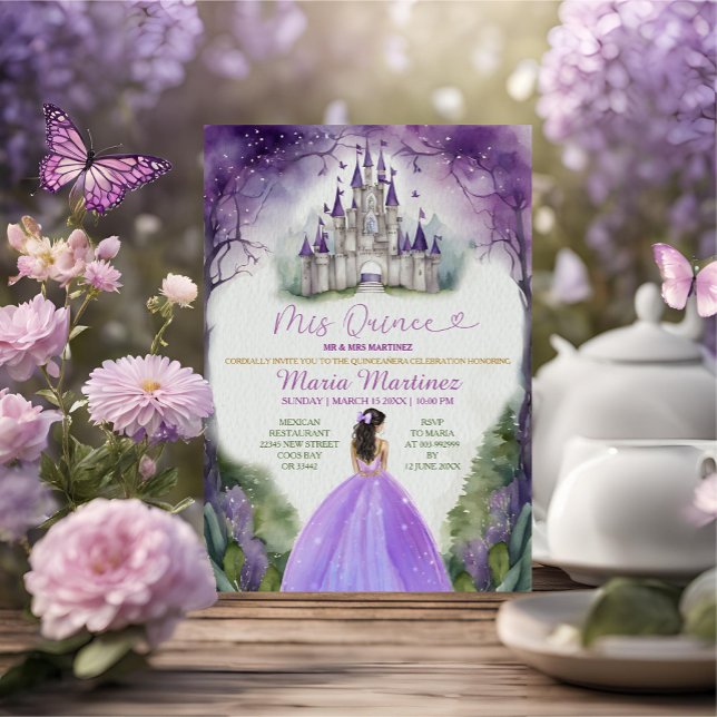 Purple Dress Floral Greenery Forest 16 Mis Quince Invitation (Creator Uploaded)