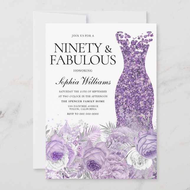 Purple Dress Floral Ninety Fabulous 90th Birthday Invitation (Front)