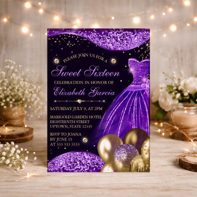 Purple Dress & Gold Glitter Balloons Sweet 16 Invitation (Creator Uploaded)