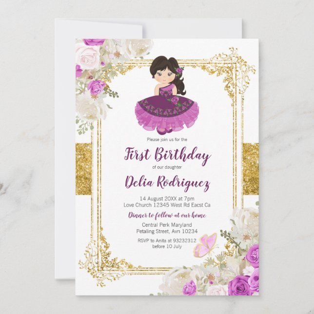 Purple Dress Mexican Girl First Birthday 1 Invitation (Front)