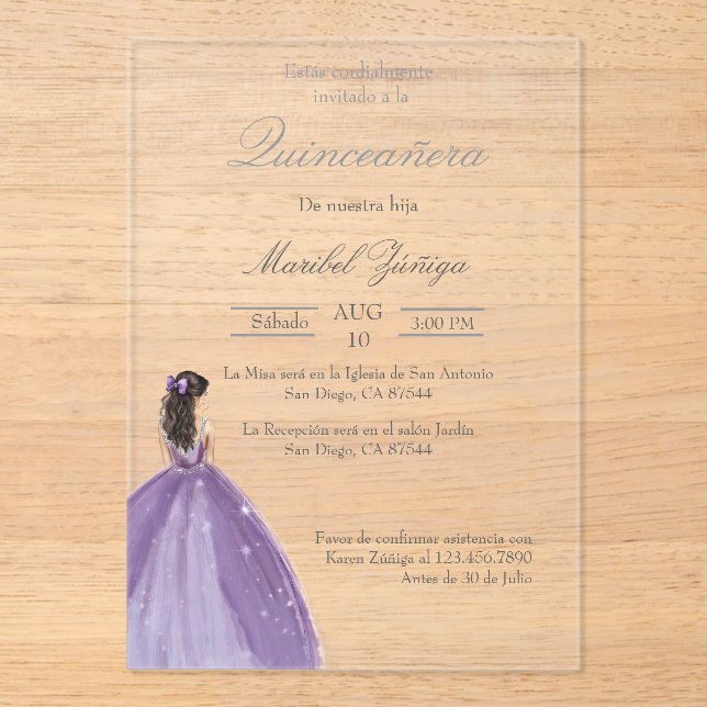 Purple dress Quinceanera invitation (Front)
