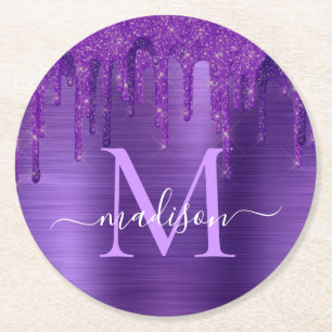 Purple Dripping Glitter Brush Metal Monogram Round Paper Coaster