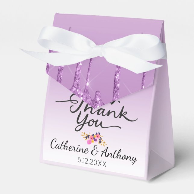 Purple Dripping Glitter Floral Thank You Favour Box (Front Side)