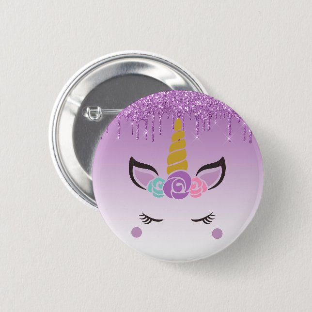 Purple Dripping Glitter Floral Unicorn 6 Cm Round Badge (Front & Back)