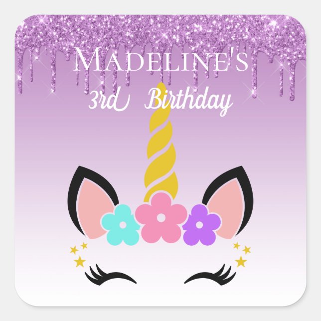 Purple Dripping Glitter Floral Unicorn Square Sticker (Front)