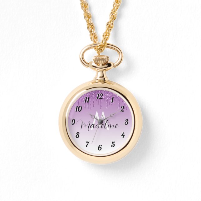 Purple Dripping Glitter Monogram Watch (Front)