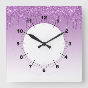 Purple Dripping Glitter Square Wall Clock