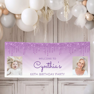Purple Dripping Glitter Two Photo 60th Birthday Banner