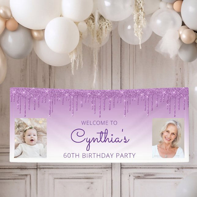 Purple Dripping Glitter Two Photo 60th Birthday Banner (Creator Uploaded)