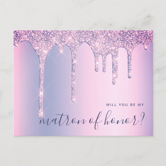 Purple drips will you be my matron of honour invitation postcard (Front)