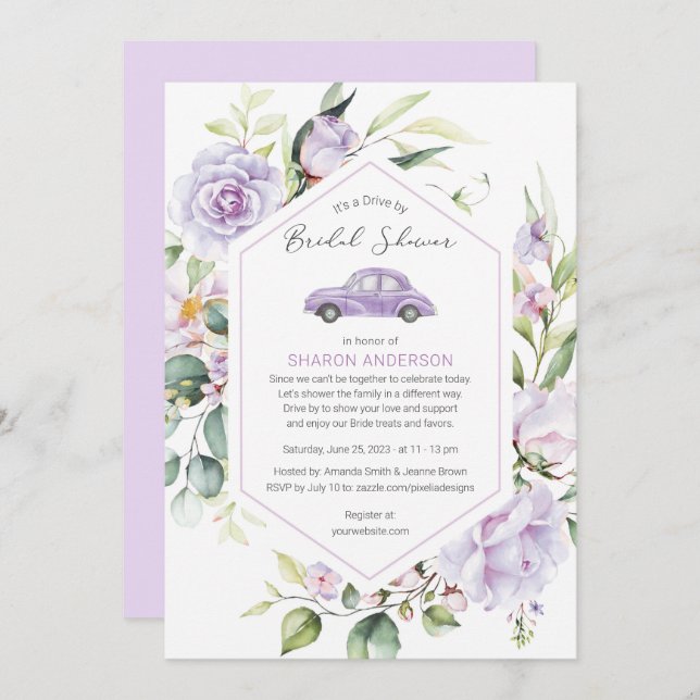 Purple Drive By Bridal Shower Floral Drive Through Invitation (Front/Back)