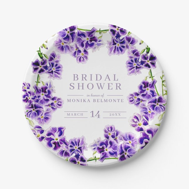Purple duranta watercolor flower bridal shower paper plate (Front)