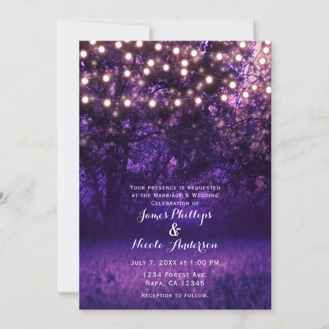 Purple Dusk String Lights Forest Rustic Wedding Invitation (Front)