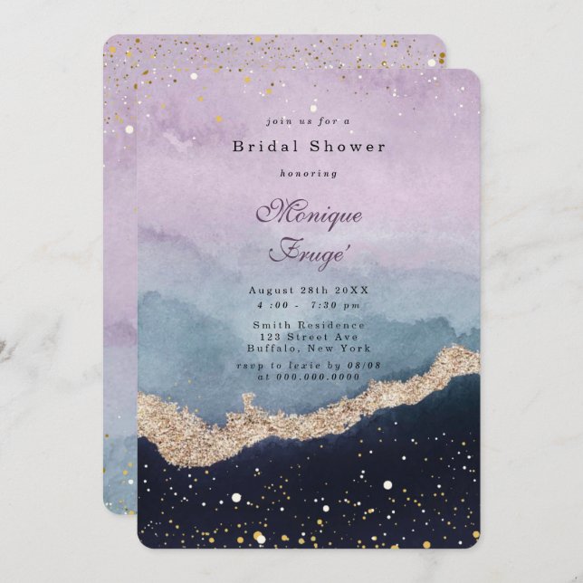 Purple Dusty Blue Agate Gold Bridal Shower Invitation (Front/Back)