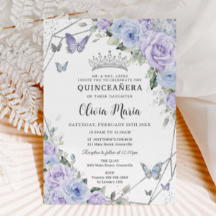 Purple Dusty Blue Floral Butterflies Quinceañera Invitation