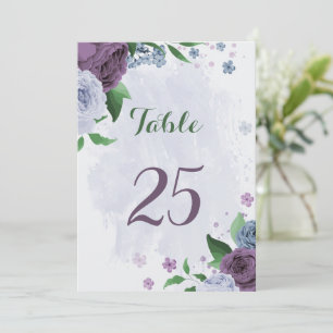 Purple dusty blue floral table number card