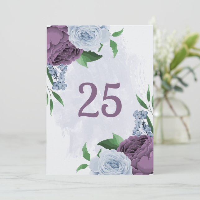 Purple dusty blue floral table number card (Standing Front)