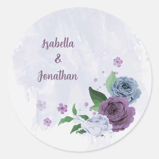 Purple & dusty blue floral wedding classic round sticker (Front)
