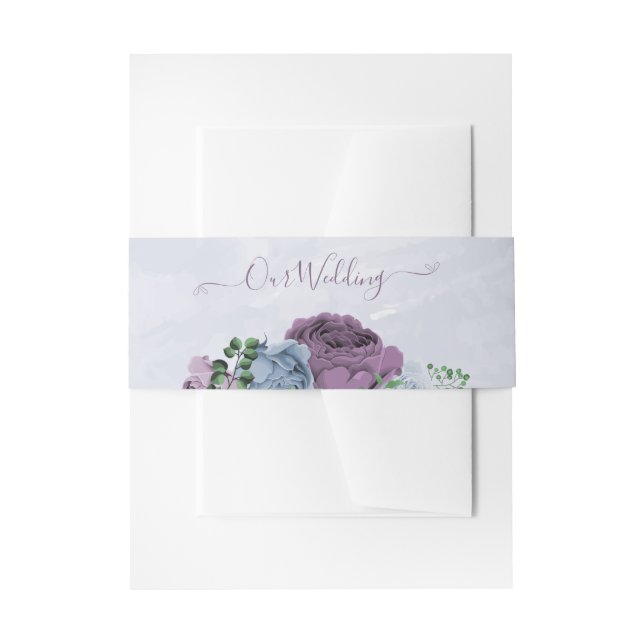 Purple dusty blue floral wedding  invitation belly band (Front Example)