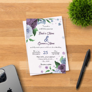 Purple dusty blue flowers green leaves wedding acrylic invitations