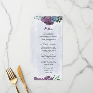 Purple dusty blue flowers green leaves wedding menu