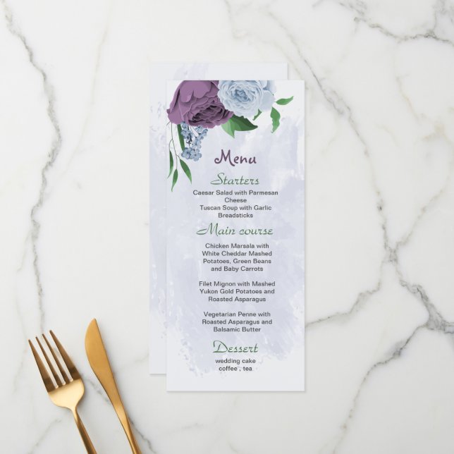 Purple dusty blue flowers green leaves wedding menu (Front/Back In Situ)