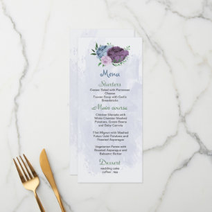 Purple dusty blue flowers green leaves wedding menu