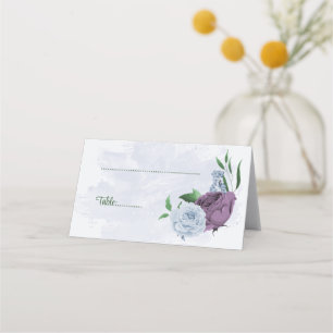 Purple dusty blue flowers green leaves wedding place card